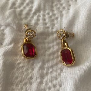 Red stoned earrings for pierced ears. Gold filled with cz accent